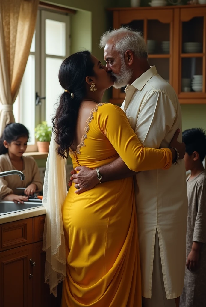 a beautiful South Indian 25 year old plus sized teacher (wearing sky blue colour silk night gown and bra) in a office, affectionately hugging a 60 year old man, full body image