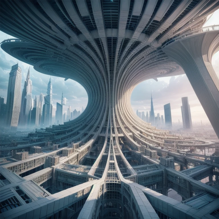 Abstract art, ( Architecture ) a Surreal scene involving Architecture, wavy abstract Tower, surreal towering twisted skyscraper, intricate fractal patterns, dreamlike, abstract, complex geometry, surreal landscapes, surreal architecture, non euclidean geometry, an abstract scene, abstract architecture, surreal architecture, 