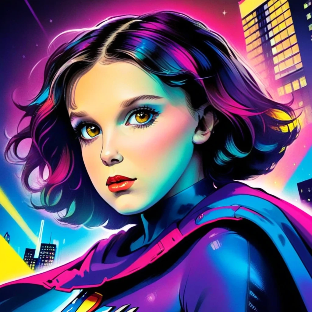 A vibrant pop art illustration of Millie Bobby Brown as a retro superhero, wearing a colorful costume with a cape, striking a powerful pose against a city skyline, extremely detailed face and eyes, long eyelashes, beautiful detailed lips, cinematic lighting, neon colors, vibrant, bold, dynamic, high contrast, comic book style, dramatic shadows, neo-pop art, psychedelic, futuristic, masterpiece, 8k, best quality, ultra-detailed, photorealistic