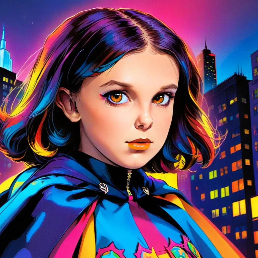 MillieBobbyBrown, milli3 woman, ohwx A vibrant pop art illustration of Millie Bobby Brown as a retro superhero, wearing a colorful costume with a cape, striking a powerful pose against a city skyline, extremely detailed face and eyes, long eyelashes, beautiful detailed lips, cinematic lighting, neon colors, vibrant, bold, dynamic, high contrast, comic book style, dramatic shadows, neo-pop art, psychedelic, futuristic, masterpiece, 8k, best quality, ultra-detailed, photorealistic
