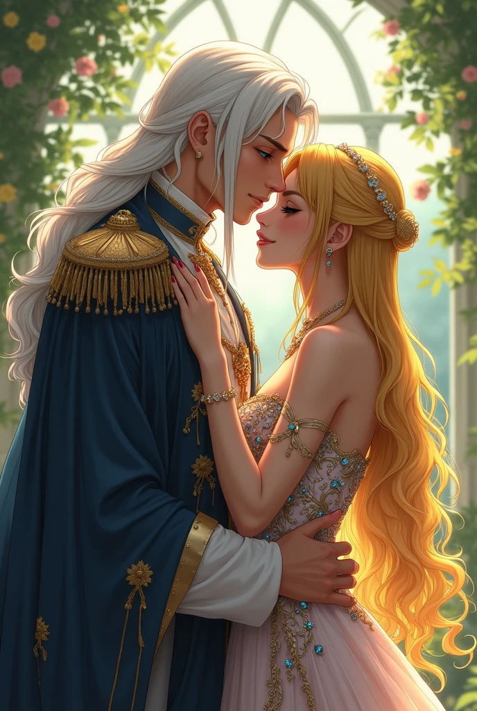 A magical lake. A tall, handsome, statuesque, courageous young man with long platinum hair, blue eyes, tanned skin is sitting on the shore of a lake, he is dressed in an antique white shirt and dark trousers, next to him sits an incredibly beautiful young golden-haired femme fatale with blue eyes, long golden hair, long bangs, dressed in an antique dress. They're in love. Masterpiece, perfect image, realistic pictures, detailed face study, full-length image, 8k, detailed image. extremely detailed illustration, a real masterpiece of the highest quality, with careful drawing.