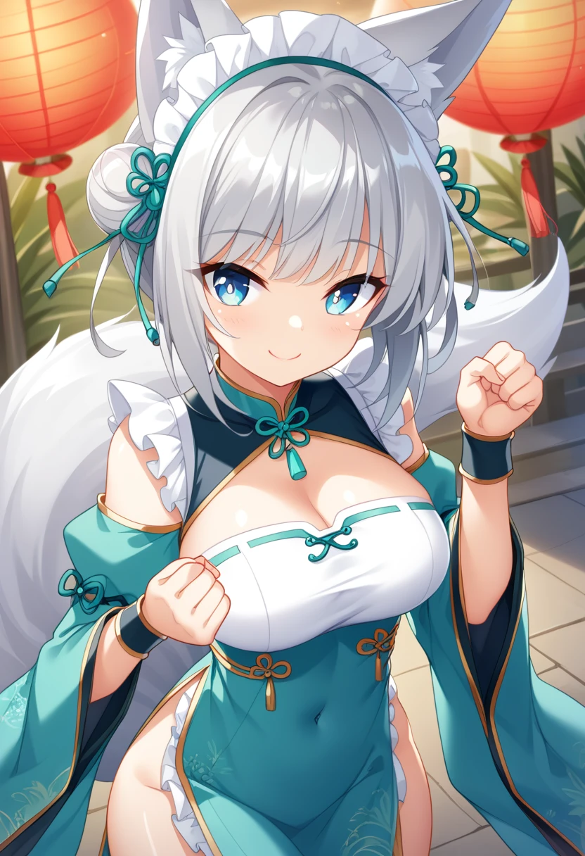 ((masterpiece, 最high quality:1.2), (Game CG), anime,high quality、masterpiece、High resolution、Overall gloss、front、Cowboy Shot、High angle、Sleeveless, turquoise mini cheongsam with cleavage cut out、Chinese style turquoise outer collar、Shiny、The collar and patterns on the clothes are silver embroidered.、External Chinese-style thin white with transparent kimono-like sleeves,Long straight silver hair、Silver fox ears and tail、Beautiful eyes、Blue eyes and slanted eyes、Maid frills on head、smile、Petite、Bust is A cup、night、Gorgeous old Chinese style streetscape、festival、bainian pose, palm-fist greeting、crossed eyes、The pupils of the eyes are heart-shaped、Don&#39;t open your clothes、Don&#39;t take off your clothes、Beautiful Eyes、Beautiful Hair, Beautiful Face, Fine and beautiful eyes, Beautiful clavicle, Beautiful body, Beautiful breasts, Beautiful thighs, Beautiful legs, Beautiful fingers、Don&#39;t open your clothes、Don&#39;t take off your clothes、There are no animals around、There are no human ears、No extra legs、No extra legs、No extra hands、No extra arms、No exposure