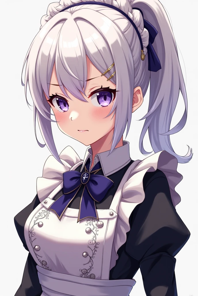 best quality, masterpiece, highres, solo, {akitsushima_kantaicollection:1.15}, long_hair, side_ponytail, purple_eyes, ahoge, grey_hair, hat, sidelocks, open_mouth, jewelry, purple_hair, earrings, breasts, blush, smile, ribbon, hair_ribbon, hair_ornament, 1girl, alternate_costume, apron, dress, enmaided, looking_at_viewer, maid, maid_apron, long_sleeves, white_apron, maid_headdress, simple_background, white_background, black_dress, closed_mouth, grey_eyes, upper_body