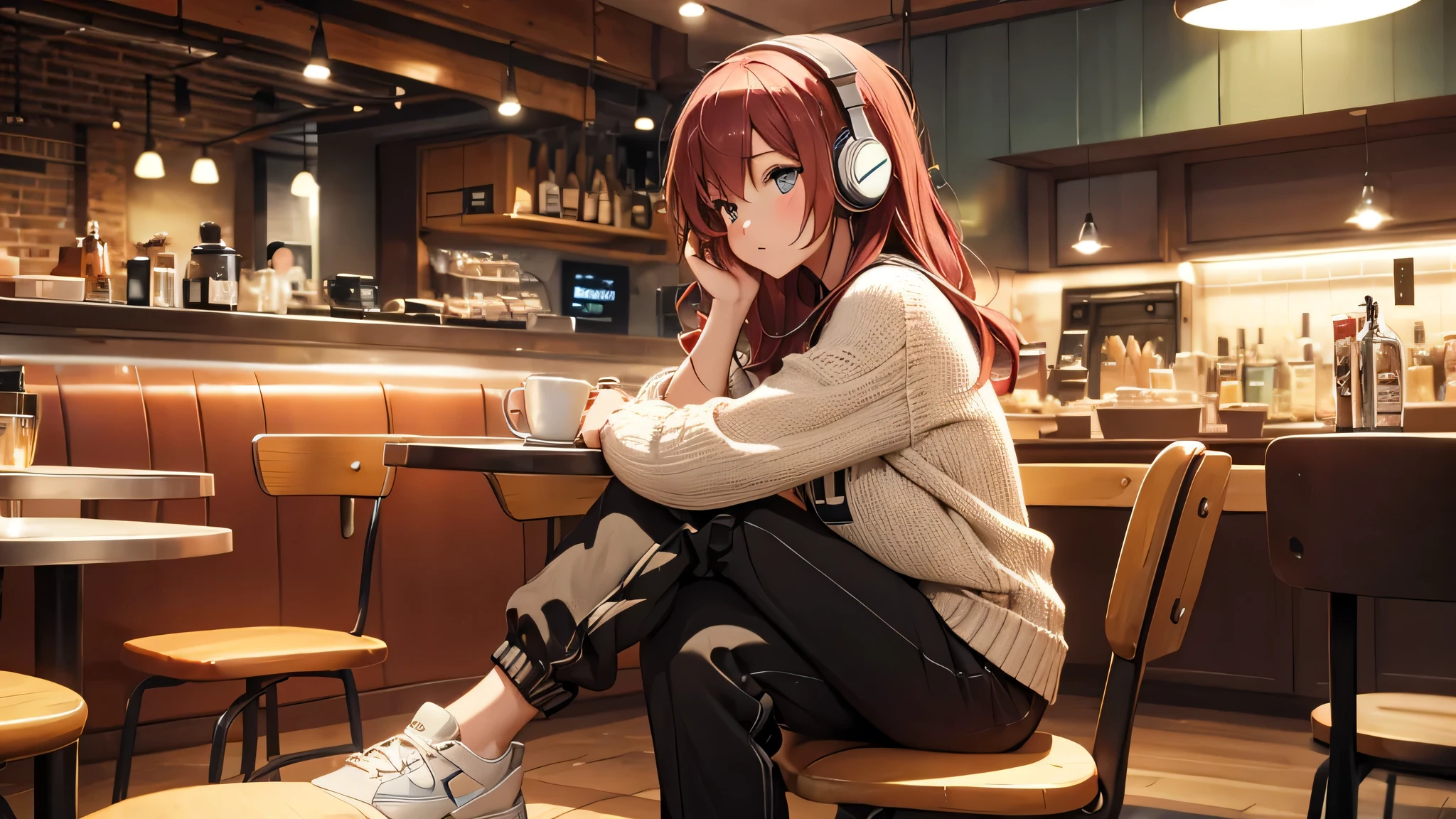 Girl listening to music in a café with headphones, lucking long pants and sneakers.