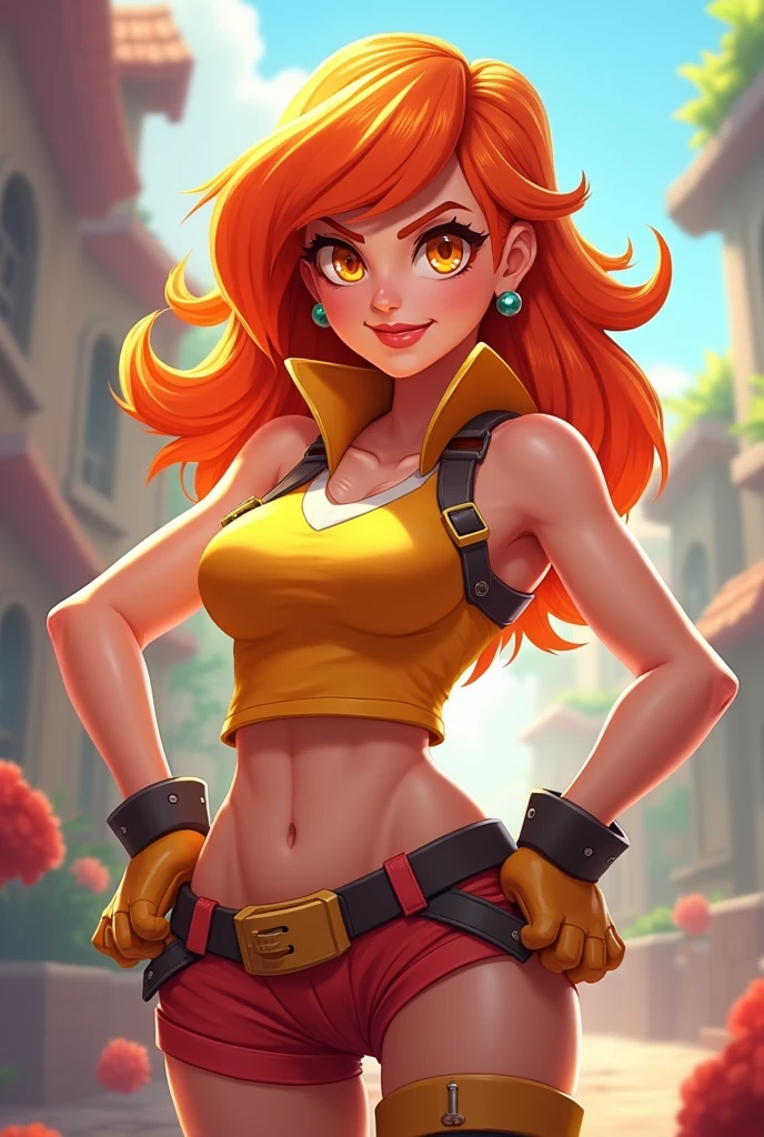 1girl, Best quality, masterpiece, cowboy shot, orange hair, green eyes, tight cloth, cheerleader