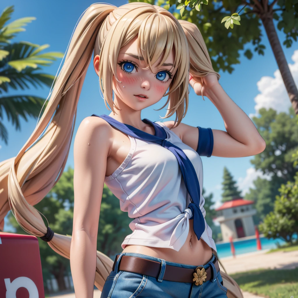 (best quality:1.1), (masterpiece:1.4), (absurdres:1.0),  portrait, close-up,
1 girl, ekaterina kurae, twintails, (low-tied_long_hair:1.2), hair ends, very long hair, blonde hair, flat chest, blue eyes, t-shirt, cargo pants, looking at viewer, outdoors, (blush:1.2), mall, (crowd:0.75), armpits, arms up,
