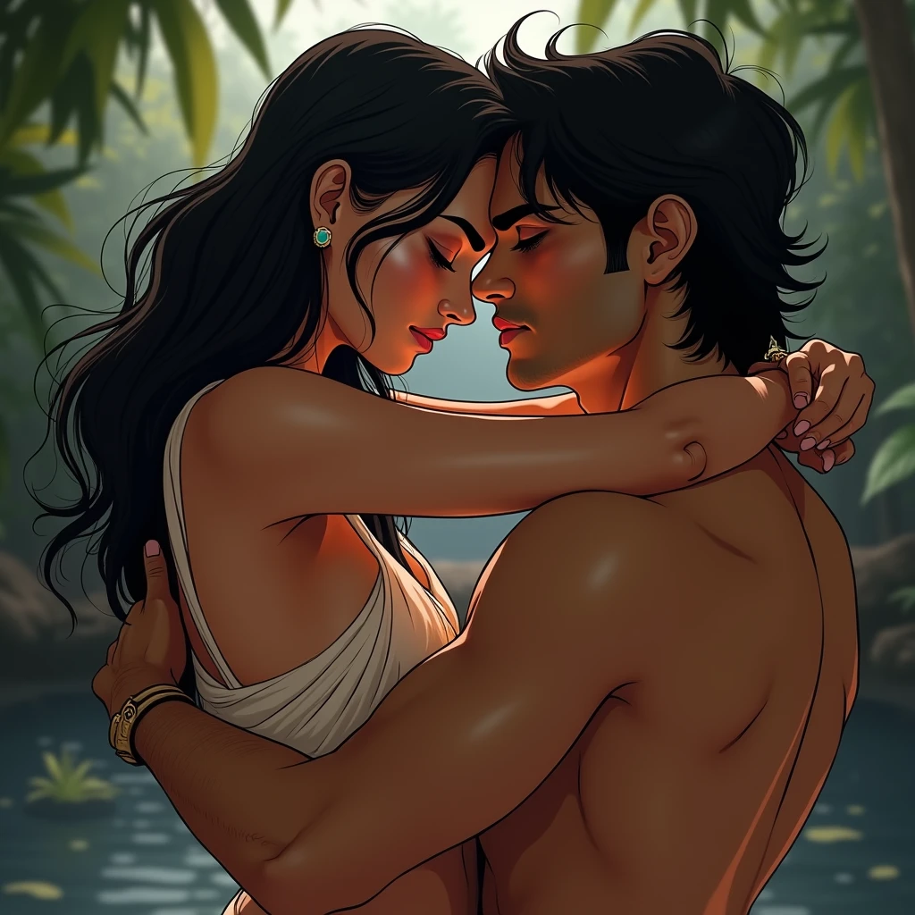 Indian brown mom in bikini,big Breasts,deep cleavage with a age lean boy wearing swimsuit, sedusing mom thick thighs, boy squeezing moms big breasts, side view,