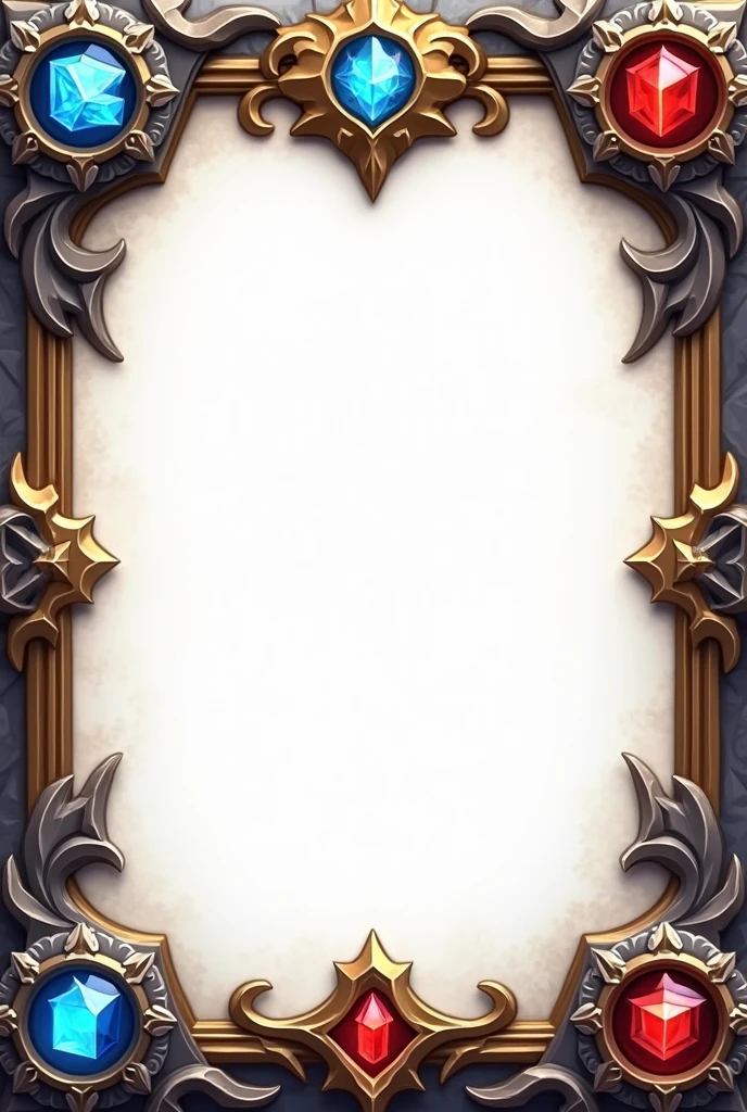 Trading card game frame template
Empty and white in middle
Mythological design
Anime design
Have 3 icons indicate mana in blue, damage in grey, hp in red