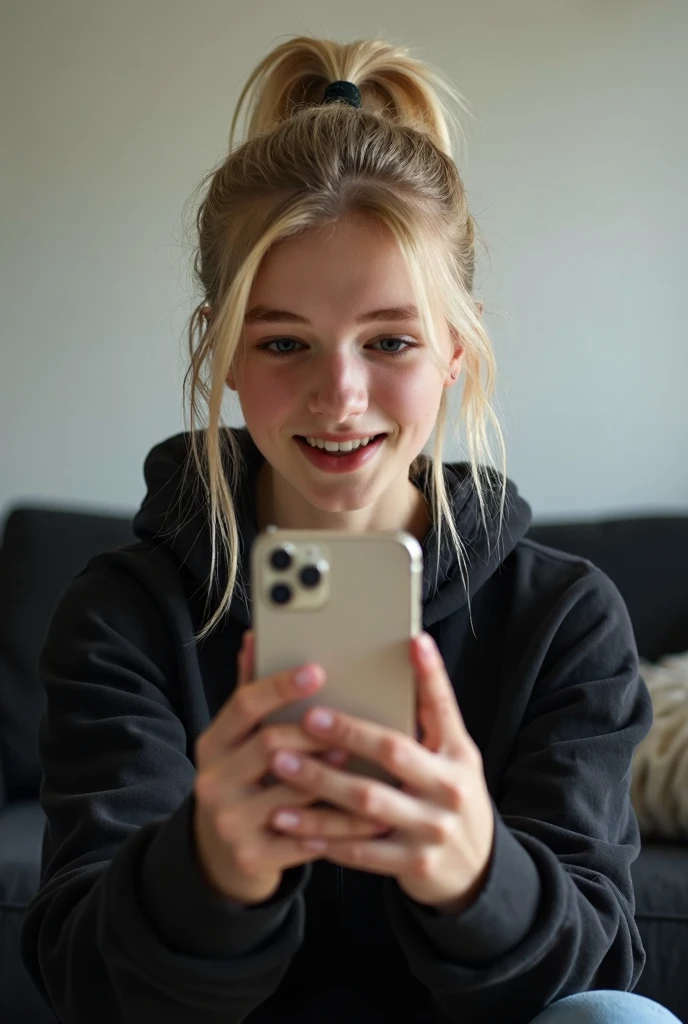 a 10 year old white girl with dark brown eyes and long wavy blonde hair taking a selfie, photo in the mirror