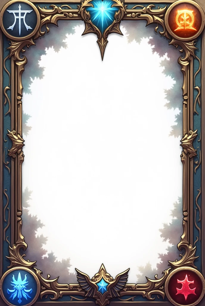 Trading card game frame template
Empty and white in middle
Mythological design
Realistic Anime design
Have 3 icons indicate mana in blue, damage in grey, hp in red