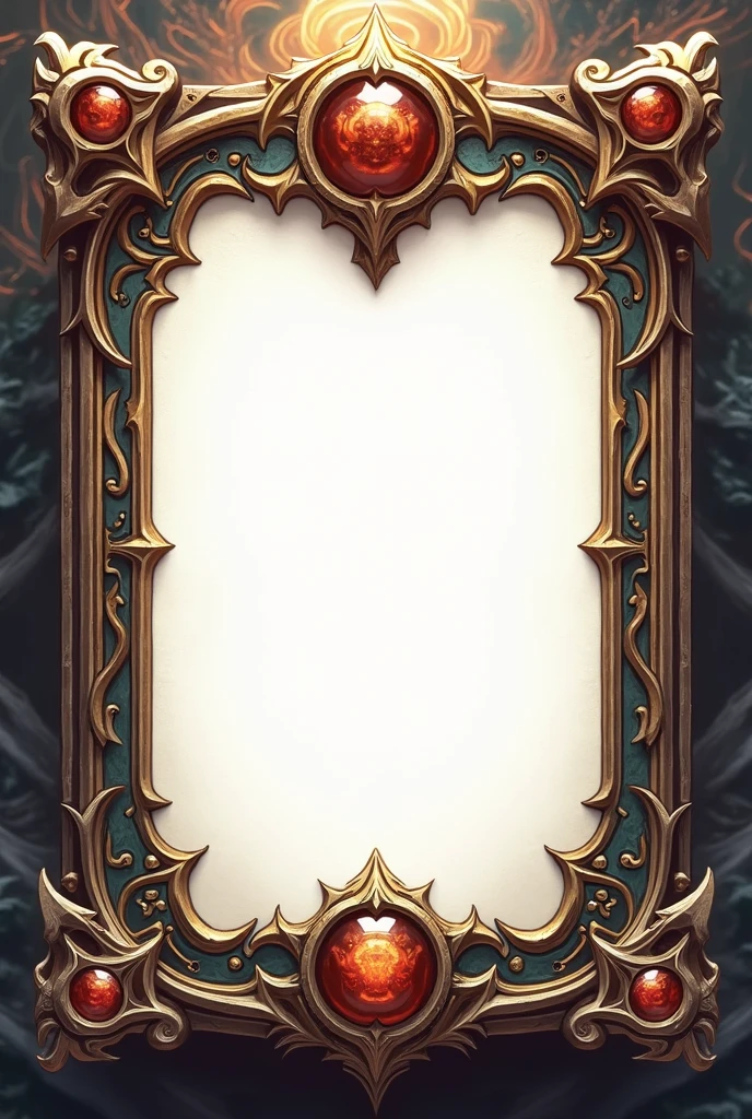 Trading card game frame template
Empty and white in middle
Mythological design
Realistic design
Have 3 icons indicate mana in blue, damage in grey, hp in red