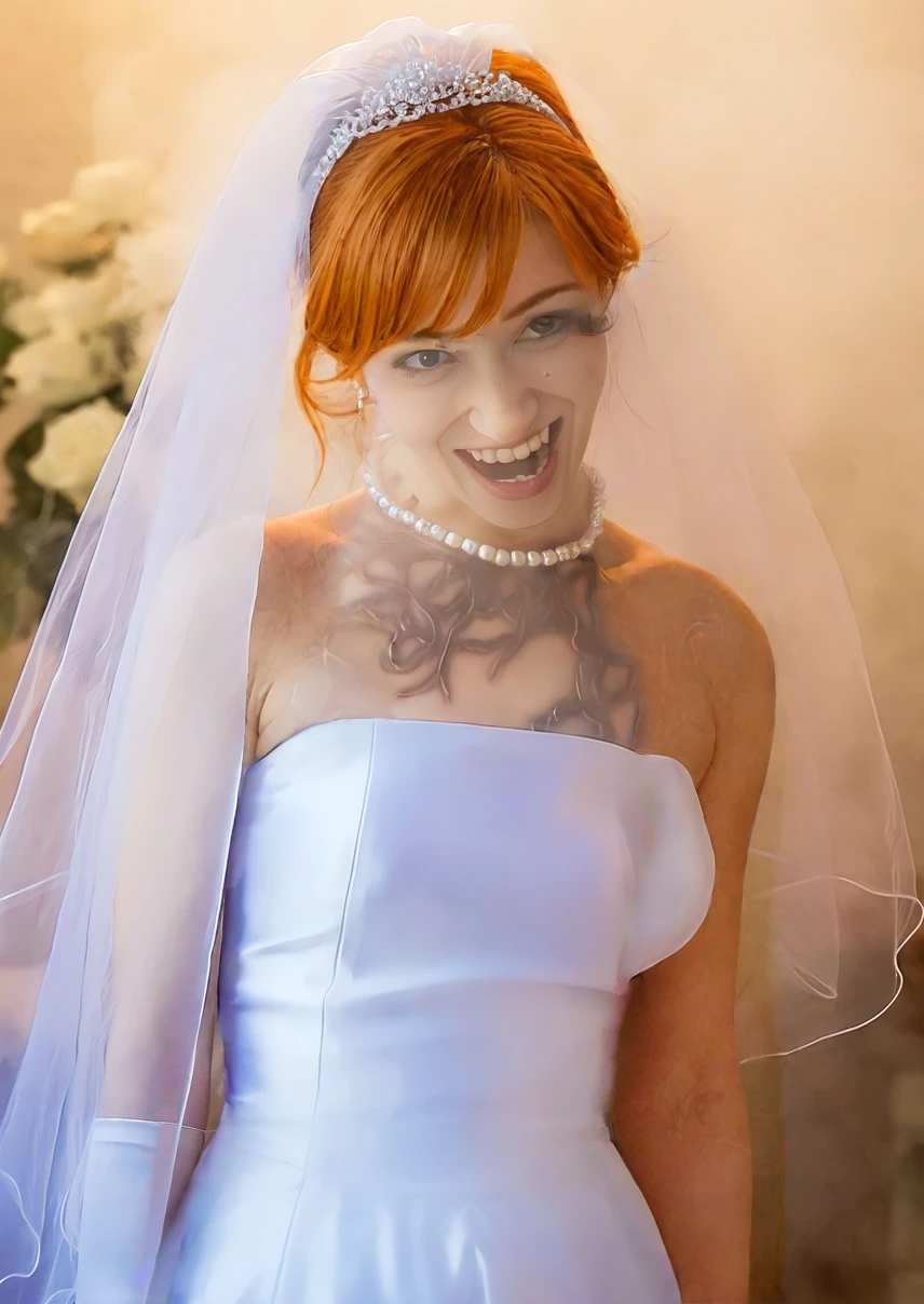 ((Katherine McNamara in a wedding dress)), ahegao, horny, red lipstick, pleased, moaning, skinny body, red hair, wet hair, large breasts, large ass, flat belly, narrow waist, (cum all over), covered in cum, wet hair, ((throat bulge)),tentacle squeeze breast, sodium light, horror, hyper detailed, 8K, masterpiece, Eldritch abomination, (bride of Cthulhu), church of Cthulhu, torture chamber, ((slugs on the floor and crawling up her body and mouth)), (white thong), ((gates of Cthulhu open))