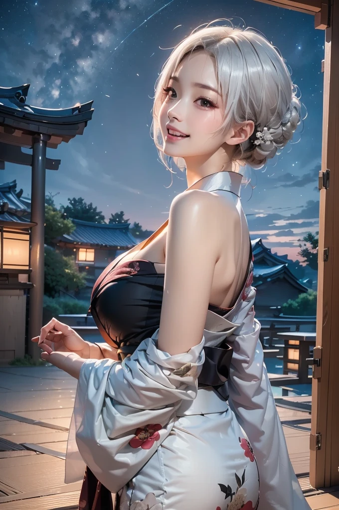 masterpiece, best quality, highly detailed, 1girl, white hair, face: sweet girl, laugh kimono, black kimono, Casual Kimono Style, Sturdy collar、Matte texture clothing. look up at the night sky. Bright and soft impression、It catches your eye.、A tranquil atmosphere、cleavage, outdoors, from side
