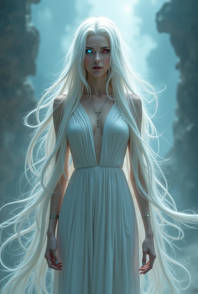 Portrait of the head and shoulders of a beautiful tall Gothic princess with long silver hair snow-white skin and red lips, modelshoot style in the city, full body photo, highlight lighting, detailed green eyes, (arched back: 1.2), Mark Brooks and Dan Mumford, comic art, perfect, smooth, extremely detailed, 8k, ultra realistic