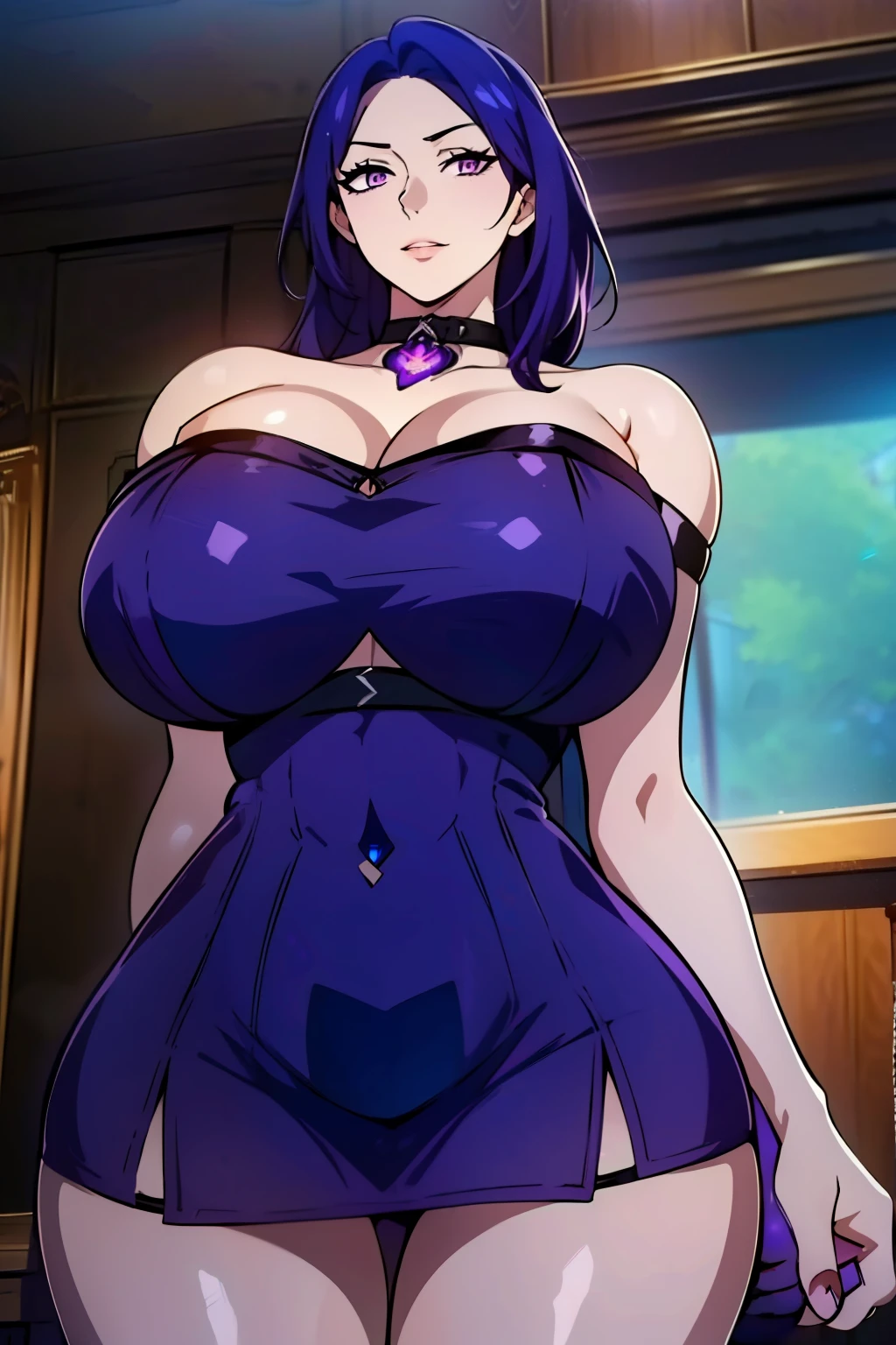 An anime-style artwork depicting acheron from the game Honkai star rail.

Tags: acheronhsr, anime, detailed eyes, detailed lips, , cleavage, (minidress:1.4), (bare shoulders:1.4), (strapless:1.4), , bare shoulders,,curvy, thighs, higheels, shiny clothes, skin tight, cleavage, smiling expression, intense gaze, glowing emblem on hand, dynamic pose, complex detailed background, indoor, palace, vibrant colors, digital art, high-resolution, professional quality, gigantic breasts, (underboob : 1.4), curvy, cowboy shot, (gigantic breasts: 1.4), (purple eyes: 1.4), (blue hair: 1.6), short hair