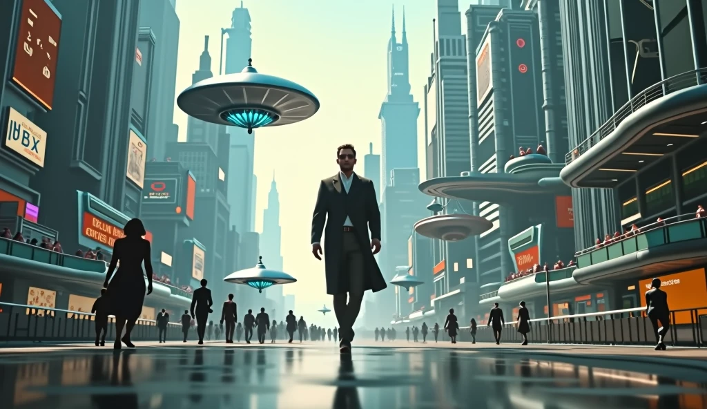 Create an image of Mr. Destiny wearing a cape, talking to a tall white grey alien in front of a wide window overlooking a futuristic city at night, in a dark room with LEDs and neon lights in the corners. Profile picture.