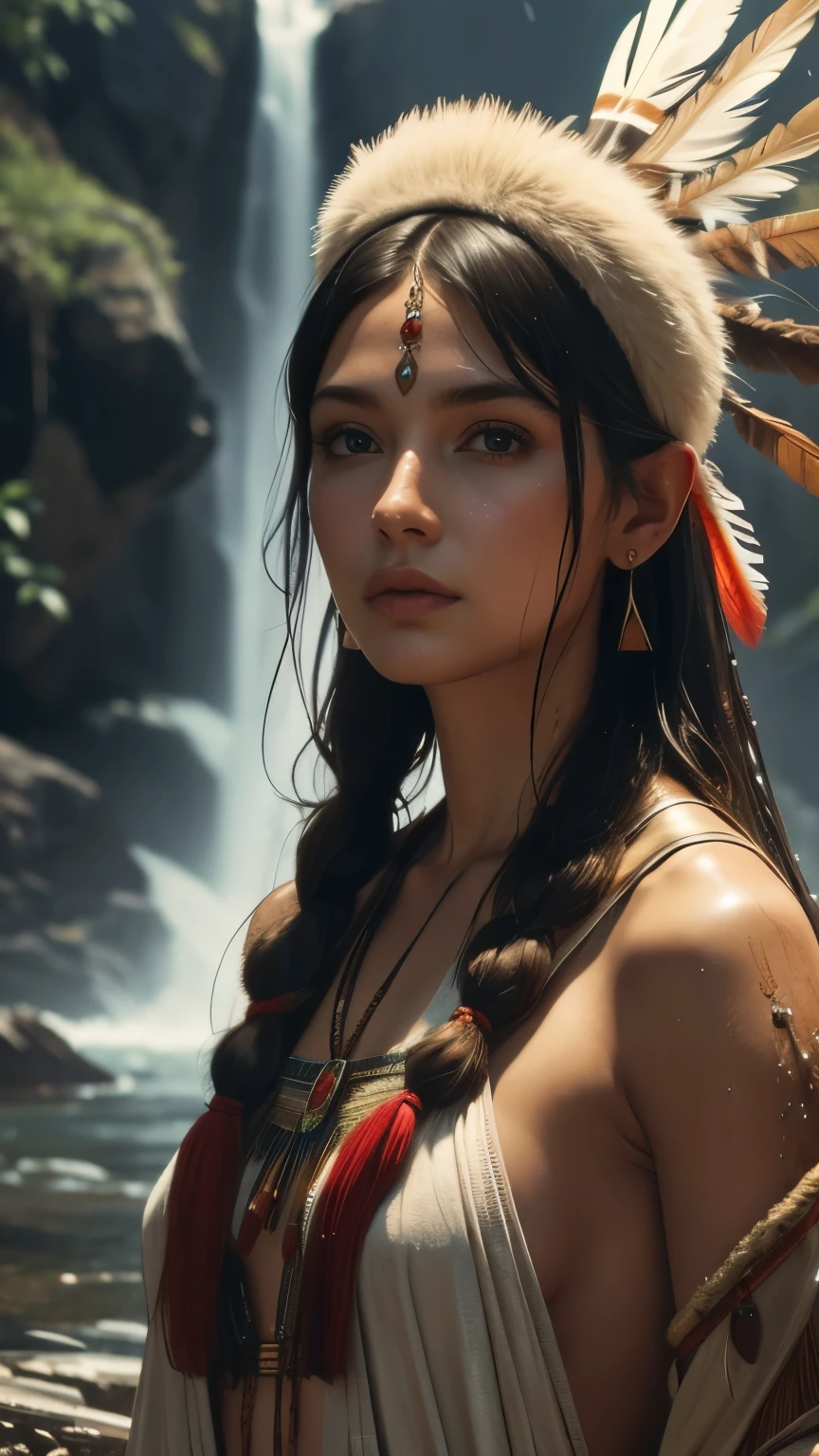 (((ultra realistic))), ((ultra-detailed face and eyes: 1.3)) ,(native girl,small breast, see breast, full body, full height, ), with very long thick hair, (feathers in hair), ((few clothes)) , ((indigenous clothing)) , slender body, (wet skin and clothes) , Near the waterfall, rain, mysterious atmosphere (sunlight, day, shadow), contrasting, ((ultra-detailed)), ((Skin detailing)), (scene from a movie about ancient people), (in detail) 