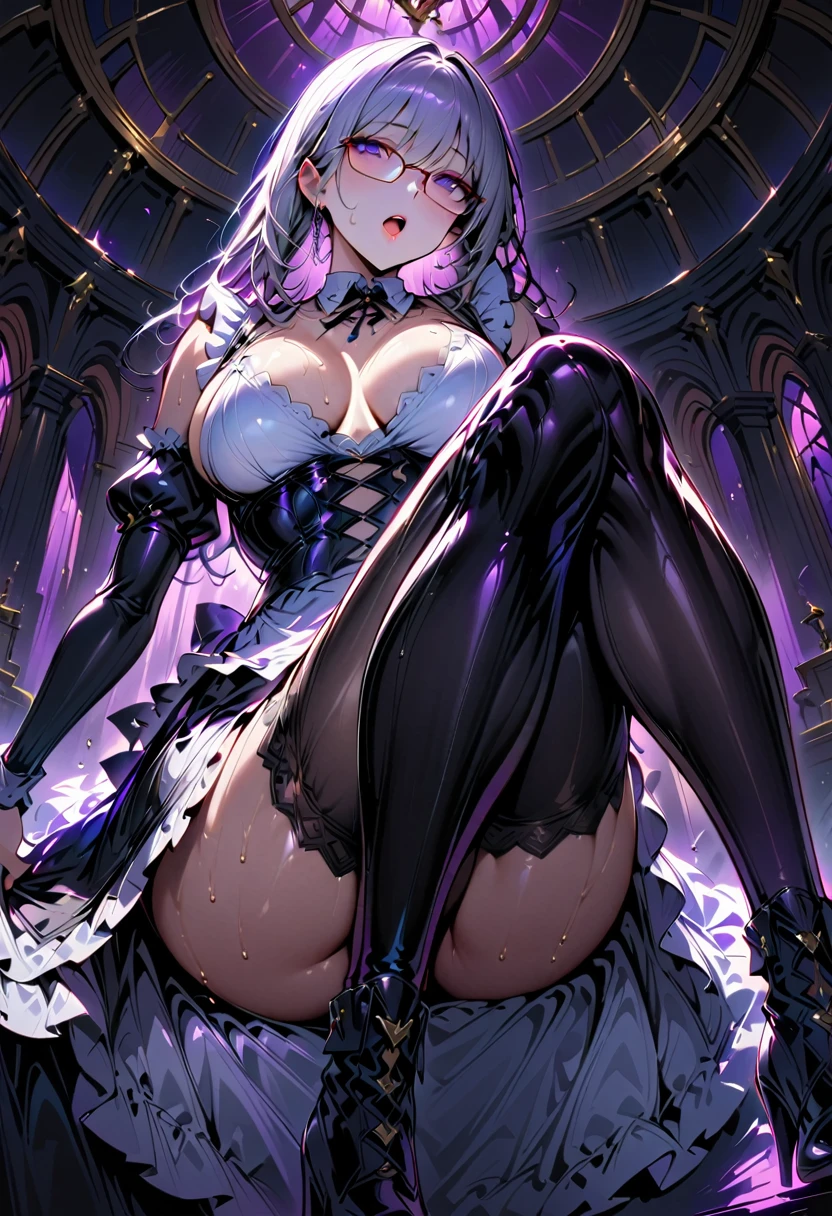 A woman in a gothic lolita dress is standing on the floor, alone, panties, underwear, skirt, (shiny dark purple satin panties:1.3)、panties that cover the butt、garter belt, liar, Knee socks, skirt lift, Looking Back, Realistic，Cute Anime Girl，Ideal Style，Leg spread，Focus on the butt，Get on all fours，Best image quality，Turn around with a serious face，Long silver pigtails，See-through lace fabric，(Butt crack:1.4)