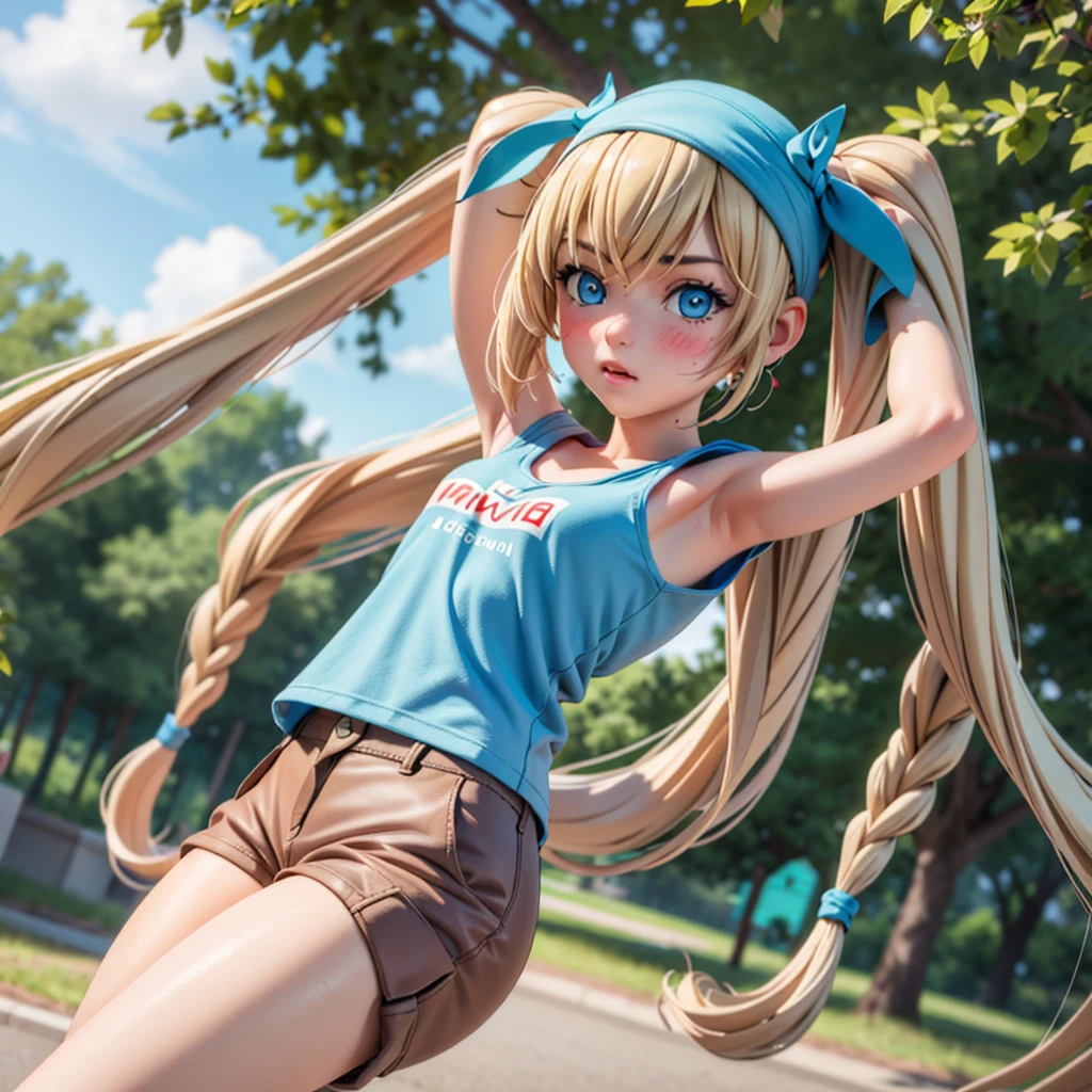 (best quality:1.1), (masterpiece:1.4), (absurdres:1.0),  portrait, close-up,
1 girl, ekaterina kurae, twintails, (low-tied_long_hair:1.2), hair ends, very long hair, blonde hair, flat chest, blue eyes, t-shirt, cargo pants, looking at viewer, outdoors, (blush:1.2), mall, (crowd:0.75), armpits, arms up,
