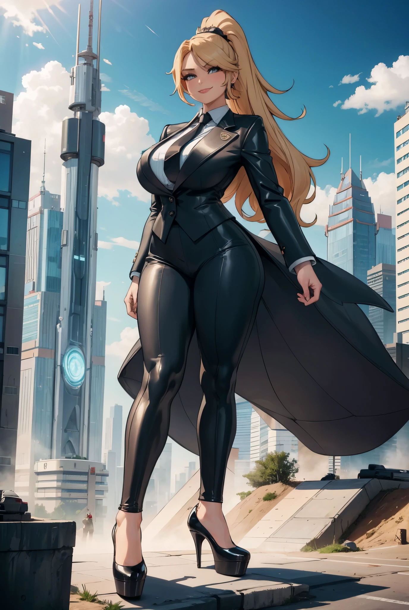 Giantess art, giga giantess in distance walking on through city, multiple women with beautiful curves, massive thighs, blonde hair, lipstick, wearing a perfect form-fitting loght grey pinstripe trouser suit and blazer, crisp white shirt, and a large blade width Windsor knot red tie, with massive breasts. She is wearing platform high heels and standing on a miniature city, with skyscrapers at her feet, smiling with her huge breasts. This image is highly detailed, photorealistic, best quality, a masterpiece, with cinematic lighting, ultra-detailed, featuring black patent Louboutin pumps, long ponytail hair with front bangs, high altitude photography, satellite view, a curvy figure, heaving bosom, legs, a mega city, urban sprawl, small towns, destruction, buildings, roads, a cloudy, overcast, hazy atmosphere, and wispy clouds.