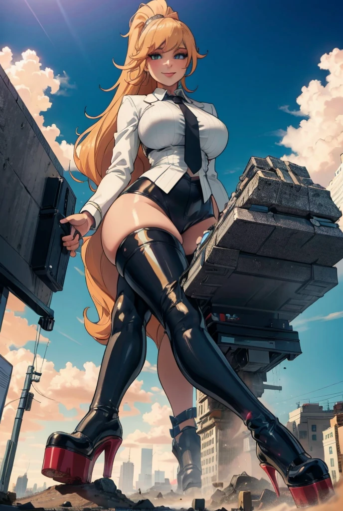 Giantess art, giga giantess in distance walking on through city, multiple women with beautiful curves, massive thighs, blonde hair, lipstick, wearing a perfect form-fitting loght grey pinstripe trouser suit and blazer, crisp white shirt, and a large blade width Windsor knot red tie, with massive breasts. She is wearing platform high heels and standing on a miniature city, with skyscrapers at her feet, smiling with her huge breasts. This image is highly detailed, photorealistic, best quality, a masterpiece, with cinematic lighting, ultra-detailed, featuring black patent Louboutin pumps, long ponytail hair with front bangs, high altitude photography, satellite view, a curvy figure, heaving bosom, legs, a mega city, urban sprawl, small towns, destruction, buildings, roads, a cloudy, overcast, hazy atmosphere, and wispy clouds.