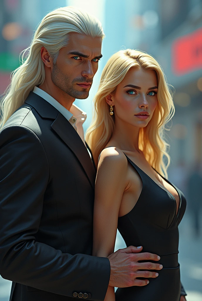 Create a 1.96 m tall man with a sporty figure. muscular physique, a combination of Asian and European appearance, prominent cheekbones give him a very expressive look. he has very long straight platinum hair. Blue eyes and a facial expression that often reflects a combination of tension and calm. Possessing an overall elegant and charismatic appearance, next to a blonde girl about 1.60 meters tall. Long golden hair, which is one of her most distinctive features. blue eyes, fair skin and slim figure (pear-shaped body, big ass and big tits). The eyes are a rich blue color, and the facial expression combines elegance with a strong and confident posture. tokio. 