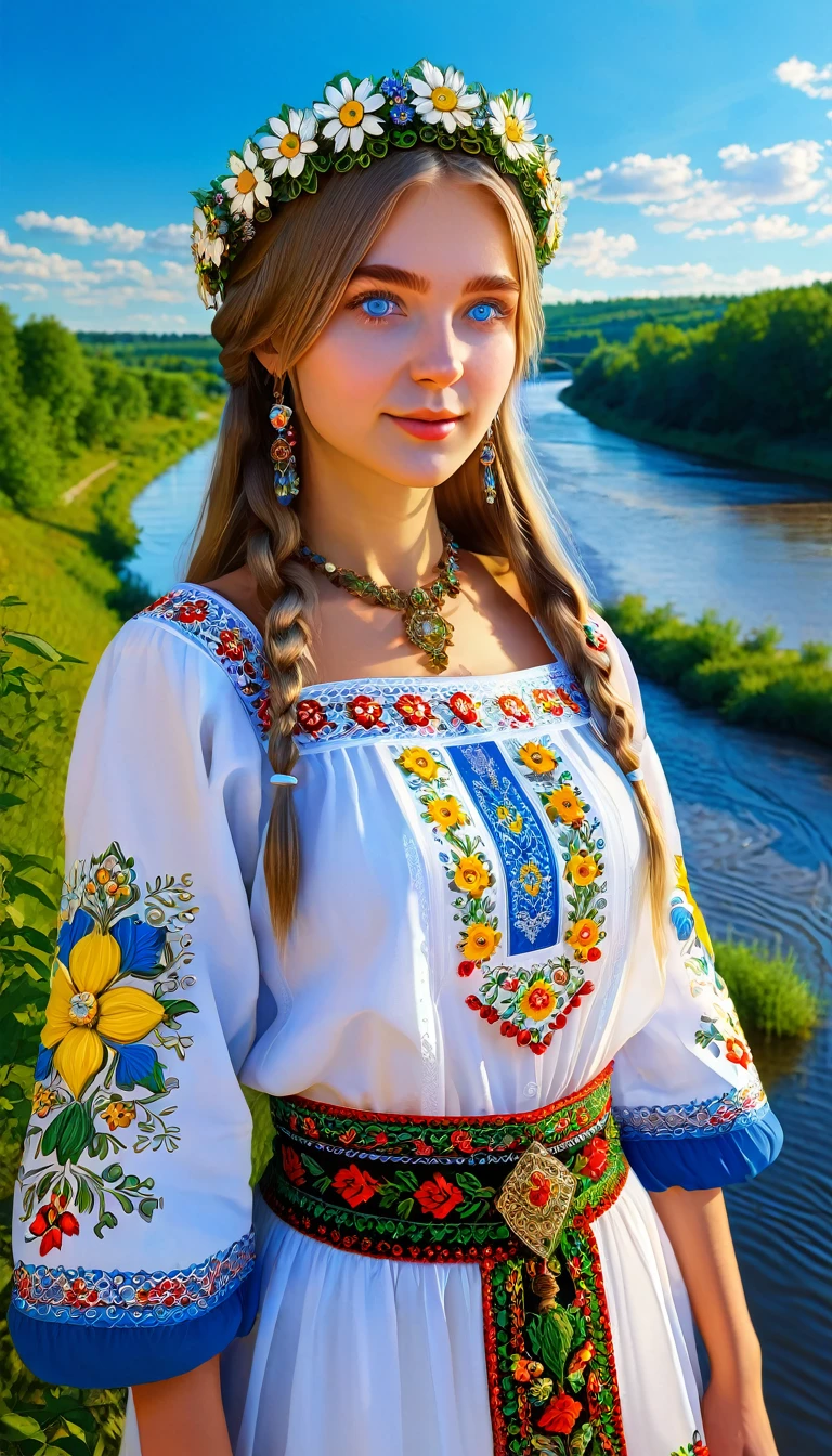 a young 20 year old woman wearing a ukrainian traditional dress, floral crown on her head, blue eyes, standing by a river with blue sky background, afternoon sunlight, photorealistic