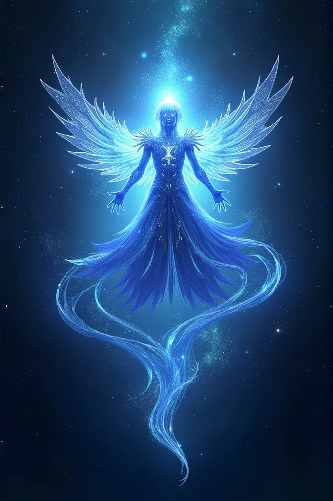 Male being of light with winged robe, with no face, illuminated with intense radiating bluish-white incandescent light, With sword of fire in hand