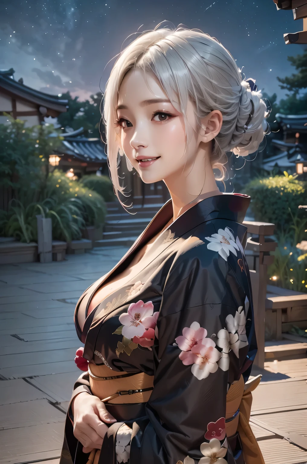 masterpiece, best quality, highly detailed, 1girl, white hair, face: sweet girl, laugh kimono, black kimono, Casual Kimono Style, Sturdy collar、Matte texture clothing. look up at the night sky. Bright and soft impression、It catches your eye.、A tranquil atmosphere、cleavage, outdoors, from side
