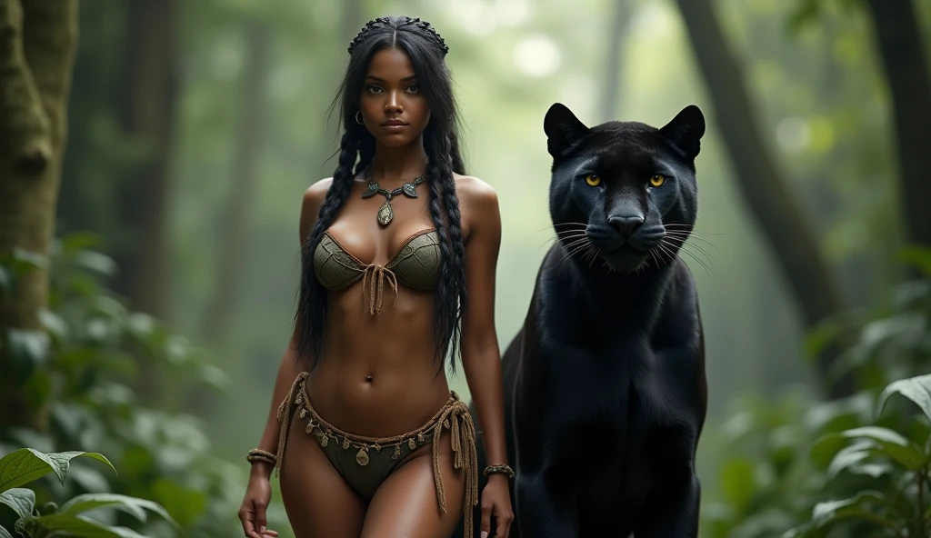araffe posing with a black leopard in a jungle with palm trees, queen of the jungle, national geographic photoshoot, gorgeous jungle Tarzan woman, amazon queen, dolce & gabbana campaign, jaguar, jungle, brazilan supermodel, on jungle night !!!, in a jungle environment, in the jungle, amazonian, 4k still, beautiful, in a jungle, 3 0 years busty woman
