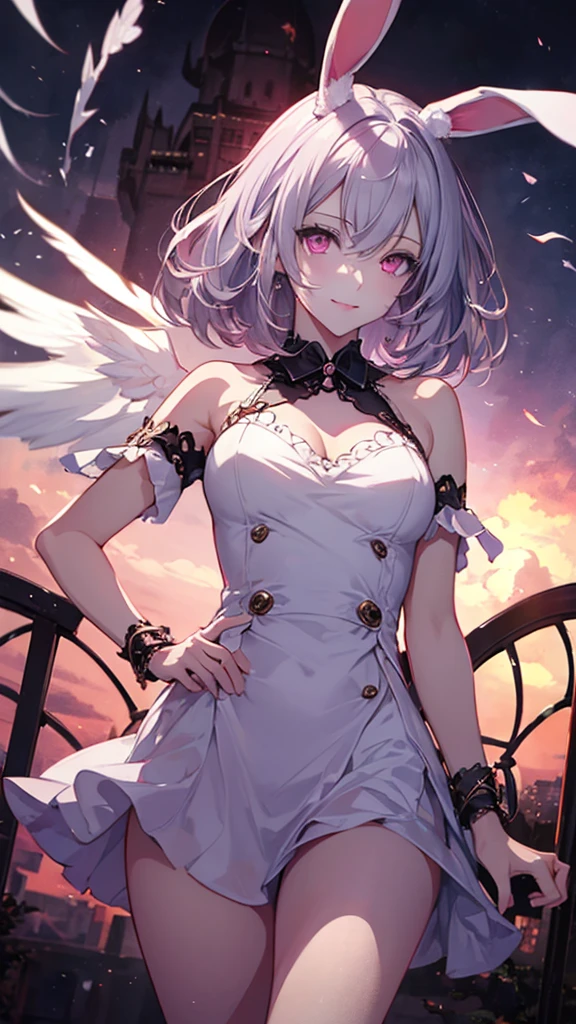 (Absurd Resolution:1.2), (ultra delicate:1.2), (masterpiece:1.2), (Photorealistic), (top-quality), BREAK (cute Wizard 1girl), (16 years old), (finely detailed eyes and finely detailed face:1.2), BREAK (ultra-fine-magenta-cute-eyes:1.2), (Expression ultra detailed Glitter Pupil), (ultra detailed Expression eyelashes), BREAK (ultra-delicate-bob-cut-white-hair, parted bangs, hair-bow), (beautiful Glossy lips), BREAK (slim body and gigantic breasts:1.0), narrow waist, leggy, curvy is body without muscles, BREAK (glossy realistic skin texture:1.2), (sweaty skin:0.5), precise ???????, (4 defined fingers), (1 defined thumb), Fearless smile, BREAK black-Off-Shoulder-corset-dress, mini-skirt, Long-gloves ,Short-cloak, thigh-high-socks, BREAK Seductive pose, (Crisp focus, eye focus:1.2), (full body shot, shoot from front, high angle shot), Fantastic magical forest, evening, Sunset, Sparkling light particles dance, professional lighting, atmospheric,