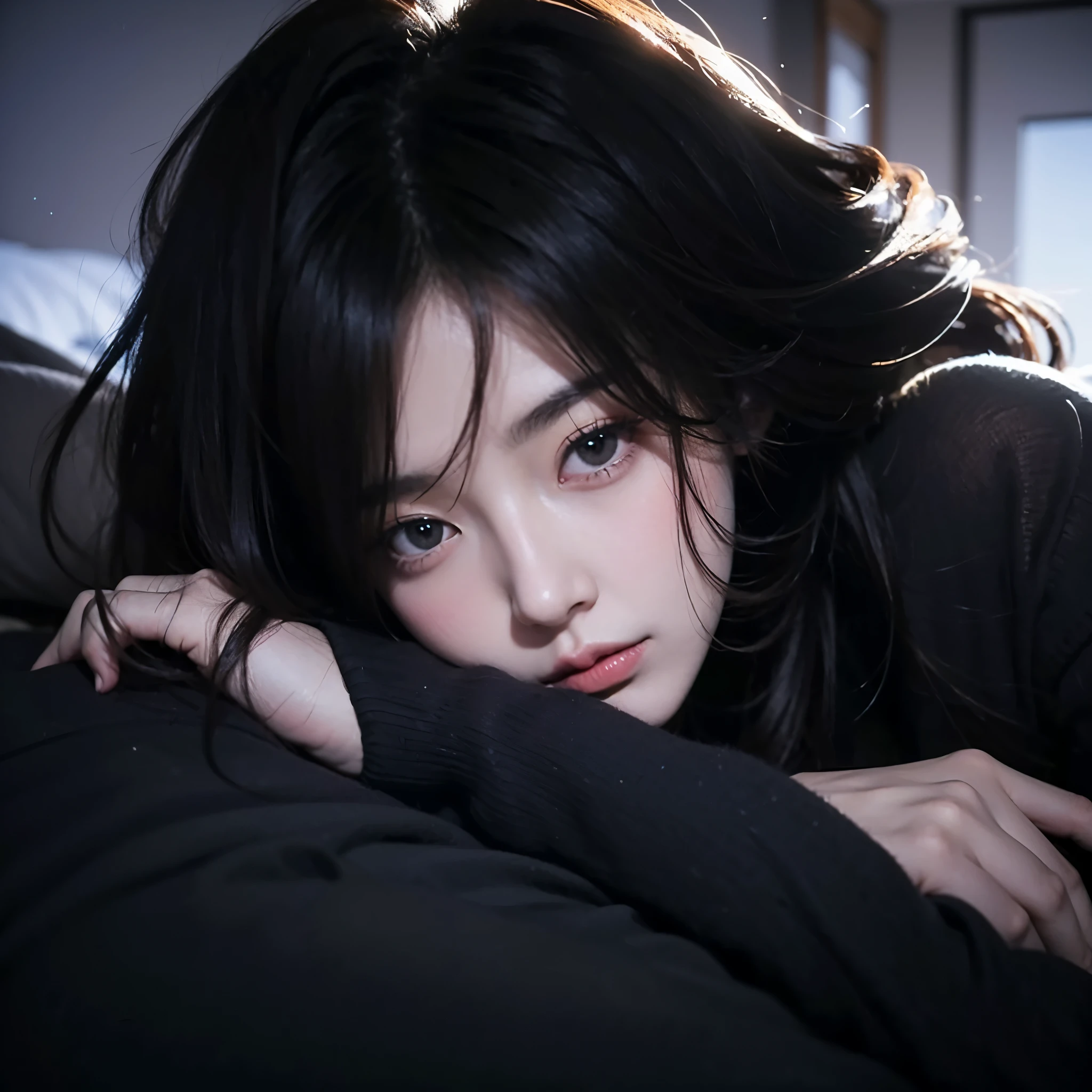 there is a woman lying on a bed with a man holding her head, Ulzzang,  coreana, ela tem cabelo preto com franja, young lovely korean face, young pale and beautiful asian face, cabelo preto e olhos grandes, beautiful asian girl, linda mulher sul-coreana, garota jovem e fofa,  Asian with long hair, linda jovem coreana, linda jovem coreana