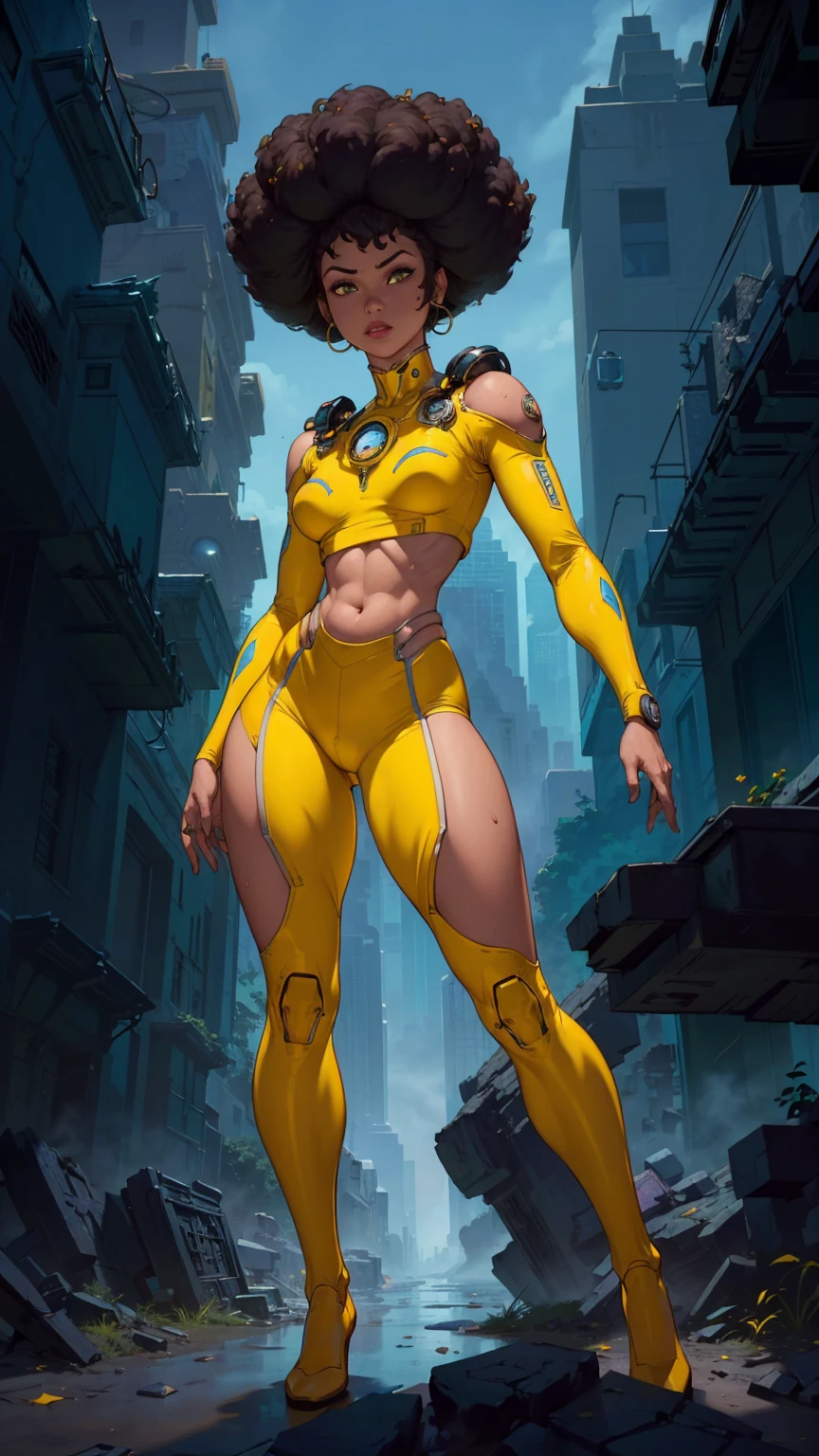 (The best quality,A high resolution,Ultra - detailed,actual),Selena Gómez cyborg mecánica yellow, with headphones on and a (yellow outfit:1.4) , (afrofuturism style:1.4) , afrofuturism, rossdraws | afrofuturism, Beeple. hyperrealism, (style hybrid mix of Beeple:1.4) ,(estilo encaje lingerie yellow :1.4), cinematic Beeple, realism | Beeple, afrofuturistic, Beeple daily art, cyberpunk art ultrarealistic 8k, cyberpunk vibrant colors,(Selena Gómez :1.4), (cinematic lighting :1.4), (perfect anatomy :1.4), ,(Fondo de ruinas de mazmorra en ruinas cyberpunk :1.4 ), (pose dinámica vaquero), (face detailed Selena Gómez :1.4), (Five Fingers, Four fingers and thumb),(cyborg yellow mecánica transparente plastic :1.4), ,(Fondo de ruinas de mazmorra en ruinas:1.4 ),( cyborg transparent V2.1), (nsfw:1.4 ),(nsfw V2.1), (ojos azules hermosos :1.4)