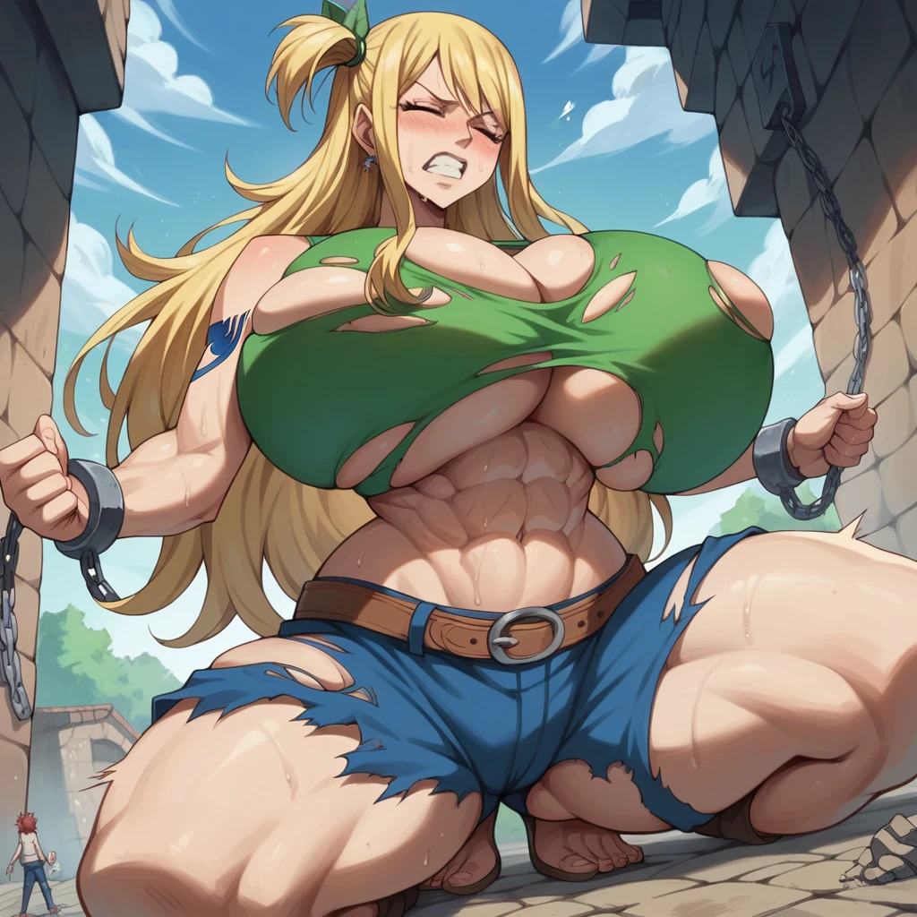 Massive breasts, {Ultra gigantic breasts} massive cleavage, mature, hot and sweaty, dungeon, giantess, toned abs, muscular, lucy, fairy tail, in chains, ripped and torn prisoner clothes, orgasm, struggling 