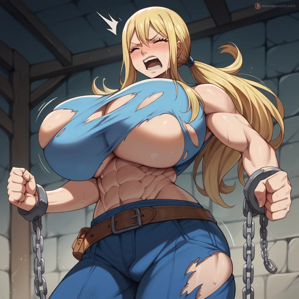 Massive breasts, {Ultra gigantic breasts} massive cleavage, mature, hot and sweaty, dungeon, giantess, toned abs, muscular, lucy, fairy tail, in chains, ripped and torn prisoner clothes, orgasm, struggling 