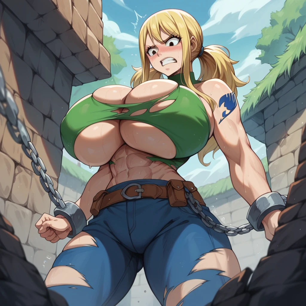 Massive breasts, {Ultra gigantic breasts} massive cleavage, mature, hot and sweaty, dungeon, giantess, toned abs, muscular, lucy, fairy tail, in chains, ripped and torn prisoner clothes, orgasm, struggling 