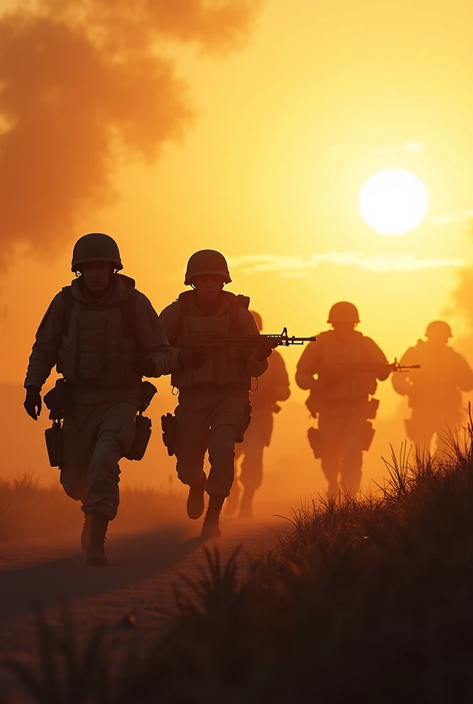 Soldiers in red camouflage uniforms running across a muddy battlefield, explosions in the background, dead bodies on the ground, dark orange skies.