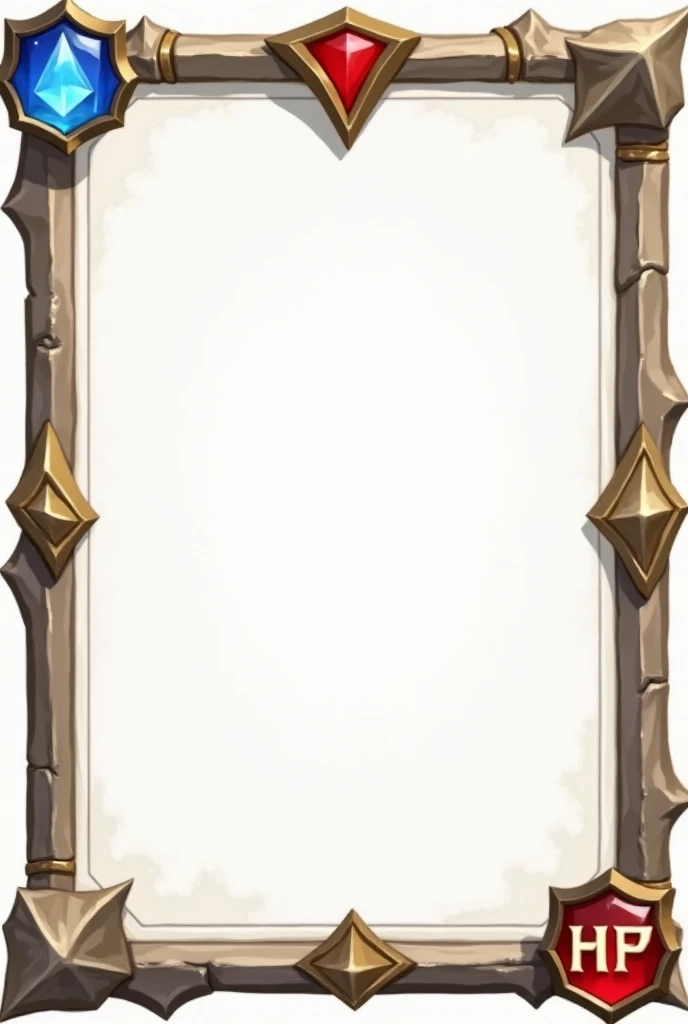 Trading card game frame template
Empty and white in middle
Have 2 icons indicate mana in blue at top lef, hp in red at bottom right
Thin frame, more space in middle
Classic mythological design