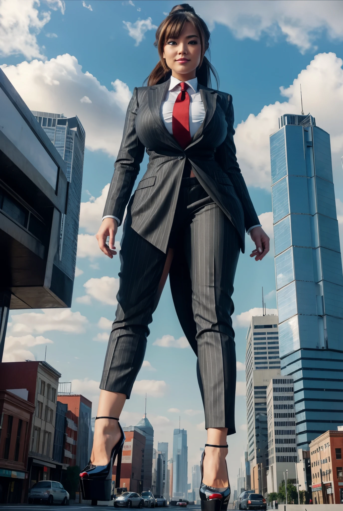 Giantess art, giga giantess in distance walking on through city, multiple women with beautiful curves, massive thighs, blonde hair, lipstick, wearing a perfect form-fitting loght grey pinstripe trouser suit and blazer, crisp white shirt, and a large blade width Windsor knot red tie, with massive breasts. She is wearing platform high heels and standing on a miniature city, with skyscrapers at her feet, smiling with her huge breasts. This image is highly detailed, photorealistic, best quality, a masterpiece, with cinematic lighting, ultra-detailed, featuring black patent Louboutin pumps, long ponytail hair with front bangs, high altitude photography, satellite view, a curvy figure, heaving bosom, legs, a mega city, urban sprawl, small towns, destruction, buildings, roads, a cloudy, overcast, hazy atmosphere, and wispy clouds.