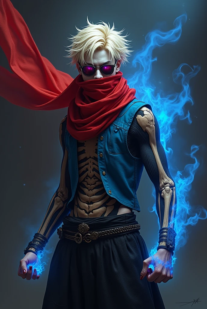 Male sexy demon age 20, greman, yellow eyes, orange yellow hair visual kei, evil eyes, long crazy smile, royal blue and black leather matrix long gabardine open, red orange skin, red horns, black cargo pants, blue flames, cyberpunk japanese style, belt with a blue ying yang, chains around the belt, athletic, magic powers, action, demon alligator legs, black cat nails, hit pose, black night backgroud