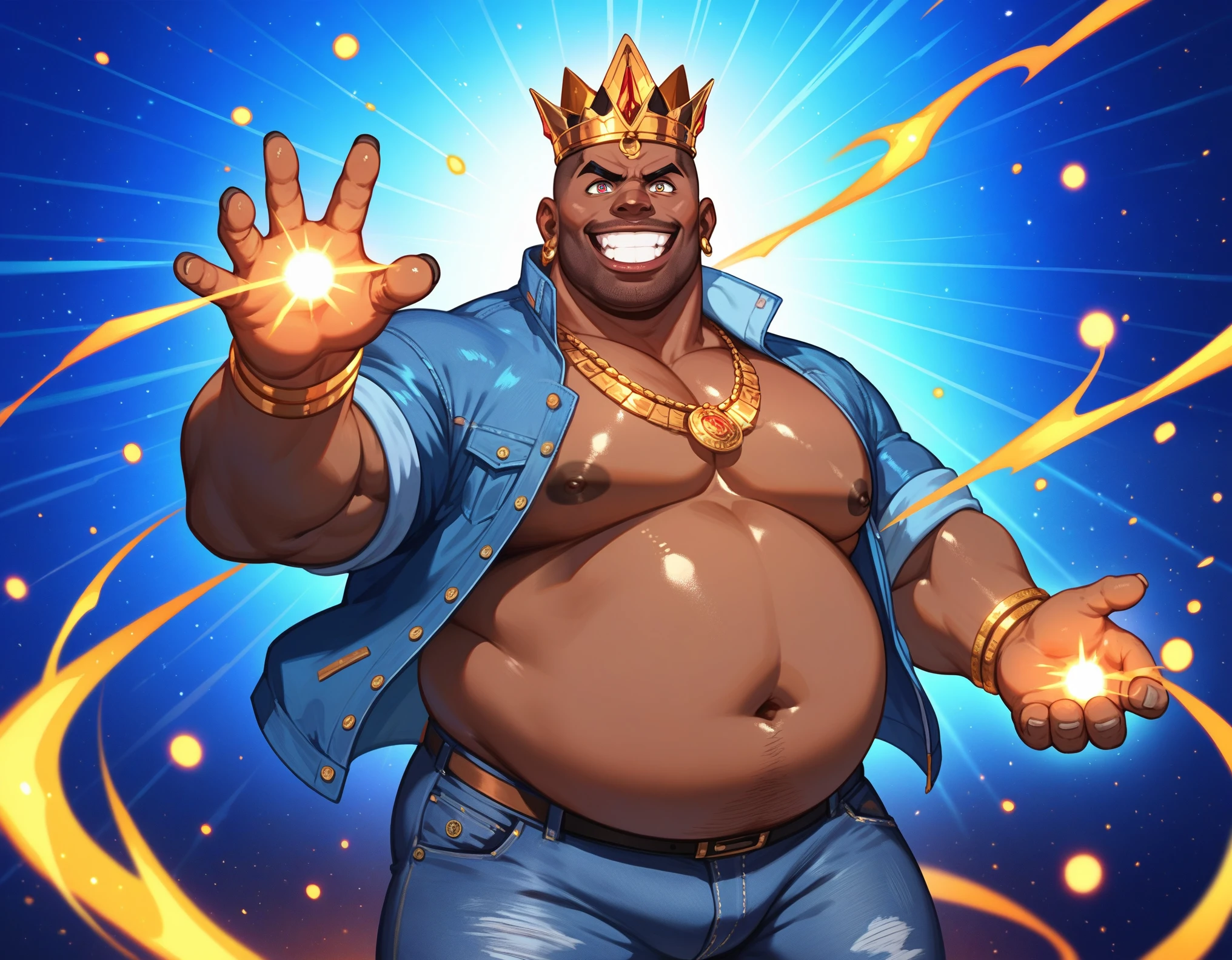 , score_9,score_8_up,score_7_up,score_6,score_5_up,score_4_up mature men, African skin, Bright eyes, short black hair, bulk body shape,  belly chubby , wearing a blue jacket and withe shirt, jeans pants, a golden crown shining on his head, a energy particles magic circles on his hands, action painting 