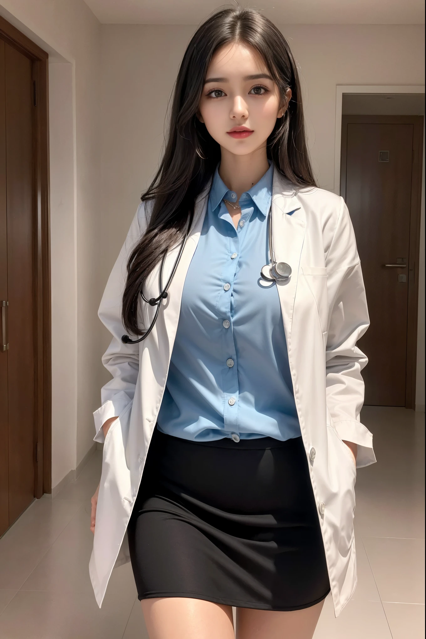 Realistic beautiful doctor、Stunning beauty、Doctor's white coat, Collared shirt、(Top quality、8K、32k、masterpiece、nffsw:1.3)、Ultra-high resolution,(Reality:1.4),Original Photography, Delicate face,,Beautiful hair, ((Doctor style)), , Black tight skirt、 Natural Makeup,, Full breasts、Inside the hospital, Detailed background, Perfect lighting, Depth of Field, Beautiful shadow gradient,Stethoscope ,