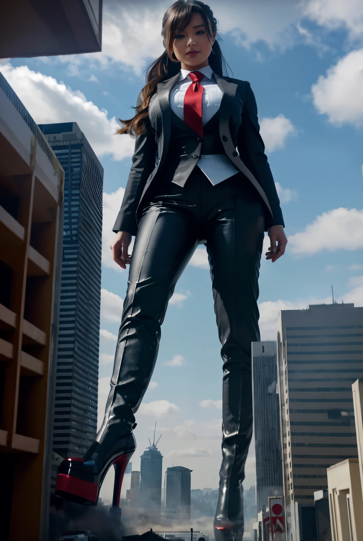 Giantess art, giga giantess in distance walking on through city, multiple women with beautiful curves, massive thighs, blonde hair, lipstick, wearing a perfect form-fitting loght grey pinstripe trouser suit and blazer, crisp white shirt, and a large blade width Windsor knot red tie, with massive breasts. She is wearing platform high heels and standing on a miniature city, with skyscrapers at her feet, smiling with her huge breasts. This image is highly detailed, photorealistic, best quality, a masterpiece, with cinematic lighting, ultra-detailed, featuring black patent Louboutin pumps, long ponytail hair with front bangs, high altitude photography, satellite view, a curvy figure, heaving bosom, legs, a mega city, urban sprawl, small towns, destruction, buildings, roads, a cloudy, overcast, hazy atmosphere, and wispy clouds.