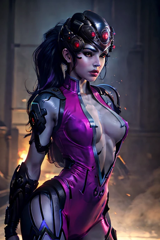 (master part, best quality)
1girl, Alone, long hair, breasts, Looking at the Viewer, cleavage, medium breasts, clavicle, yellow eyes, upper body, ponytail, purple hair, parted lips, lips, gradient, cilia, Bodysuit, makeup, colored skin, Center Opening, purple robe, hair pulled back, pink Bodysuit, head-mounted display, widowmaker \(Overwatch\), widowmaker