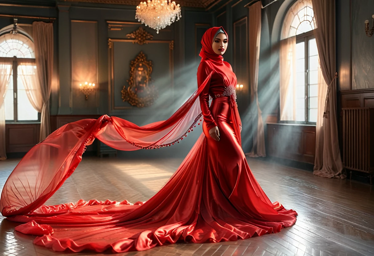 woman shrouded in a 10-meter-long, plush red semi transparent satin shimmer cloth, tightly bound and grandly draping along the form of her body, flowing off into a pooled floor-length train, styled in a mermaid-inspired outfit, her head modestly veiled in a satin shimmer hijab,walk in photo studio, a full-body pose conveying a sense of mysterious elegance, captured in a 4k resolution, ultra-realistic, (best quality,4k,8k,highres,masterpiece:1.2),ultra-detailed,(realistic,photorealistic,photo-realistic:1.37),HDR,UHD,studio lighting,ultra-fine painting,sharp focus,physically-based rendering,extreme detail description,professional,vivid colors,bokeh,portraits,fantasy,cinematic lighting
