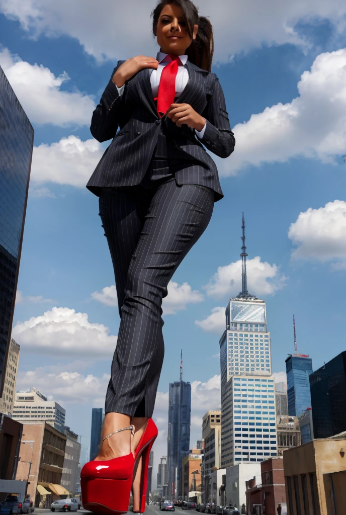 Giantess art, giga giantess in distance walking on through city, multiple women with beautiful curves, massive thighs, blonde hair, lipstick, wearing a perfect form-fitting loght grey pinstripe trouser suit and blazer, crisp white shirt, and a large blade width Windsor knot red tie, with massive breasts. She is wearing platform high heels and standing on a miniature city, with skyscrapers at her feet, smiling with her huge breasts. This image is highly detailed, photorealistic, best quality, a masterpiece, with cinematic lighting, ultra-detailed, featuring black patent Louboutin pumps, long ponytail hair with front bangs, high altitude photography, satellite view, a curvy figure, heaving bosom, legs, a mega city, urban sprawl, small towns, destruction, buildings, roads, a cloudy, overcast, hazy atmosphere, and wispy clouds.