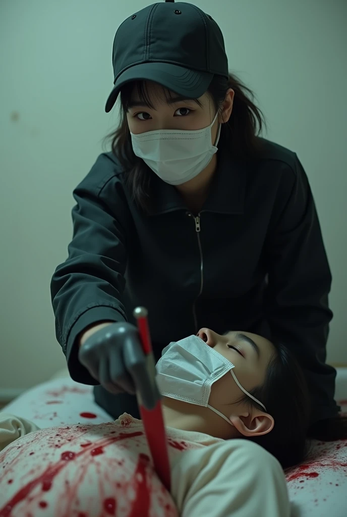 korean girl, (behind corpse, holding knife), surgical mask, black gloves, room full of blood, black raincoat, trucker hat, holding knife, black gloves, woman on top, behind corpse, blood splatter, on the bed, mass murderer, killer, short hair, blood splatter, dark atmosphere, cinematic lighting, atmospheric realistic, light from the window, close-up,
