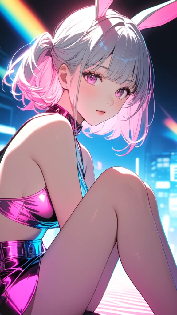 (masterpiece), (best quality), (ultra detailed),(disheveled hair),(illustration), (1girl),(10yo,child),japnese idol,smile, looking at viewer, (interview),magic wand, (magic city),beautiful detailed eyes, delicate beautiful face, Floating,(high saturation),(colorful splashes),(shining), focus on face, ahoge, kamisato ayaka, light pink hair, hair ring,medium hair, (shining), best lighting, best shadow, ,standing, spread legs, completely naked, pubic hair, medium size breasts, full body naked, camera shoot from down below