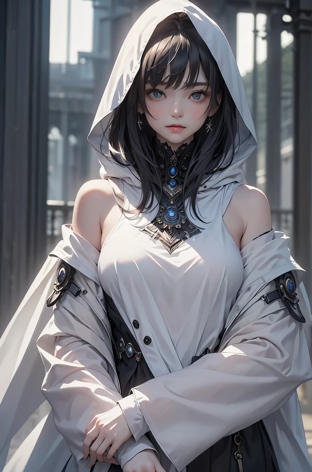 、masterpiece:1.5, bestquality, 1girl, classic girl, classic, Mechanical decoration、A face with cold beauty、Cold Face、Beautiful shoulders、Solemn atmosphere、from the front:1.5、small breasts, beautiful eyes, Heavy cloak、Spread your arms、backlighting.
