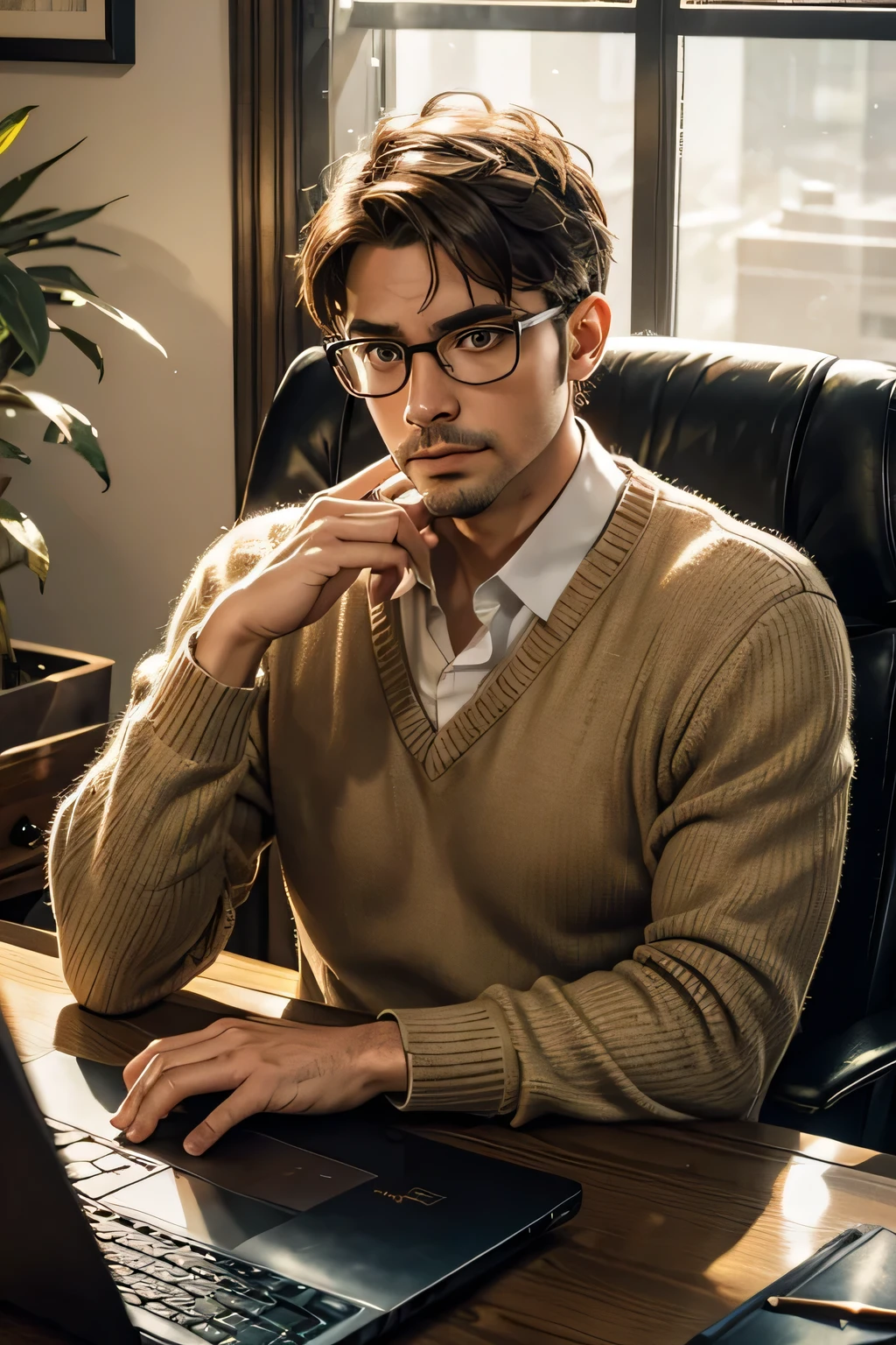 a man with glasses wearing a sweater, sitting at a work desk in front of a laptop with a trading view app open, intricate details, photorealistic, 8k, hyperrealistic, studio lighting, ultra-detailed, extremely detailed face and eyes, chiaroscuro lighting, serious expression, elegant, businessman, professional, office setting, wooden desk, potted plants, subtle background blur, warm color tones